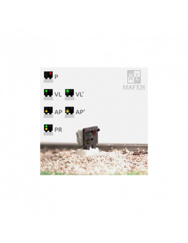 Señal baja RENFE de 3 aspectos verdo, rojo y amarillo a la izquierda H0