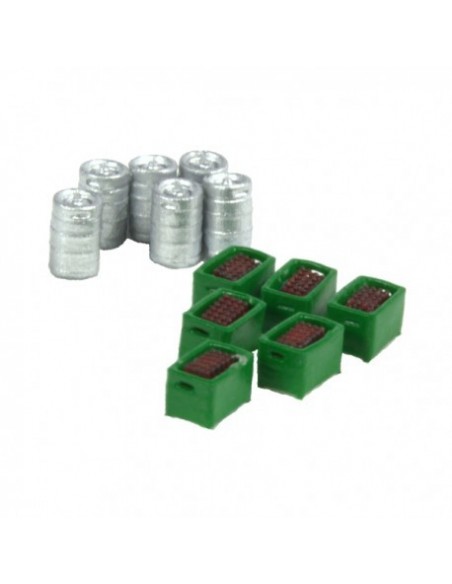 Set de 6 barriles de cerveza y 6 cajas verdes con botellas N